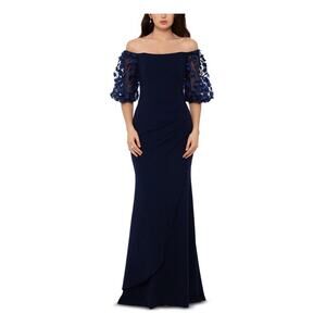 Xscape Women's Off the Shoulder Long Evening Gown Dress Navy Blue 16P NWT